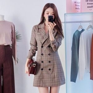 Plaid Double-Breasted Beige Khaki Tan Jacket Dress